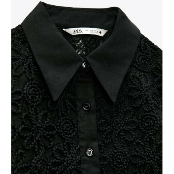 Zara Women’s Black Floral Embroidered Long Sleeve Button Up Lightweight Shirt S - Picture 8 of 11